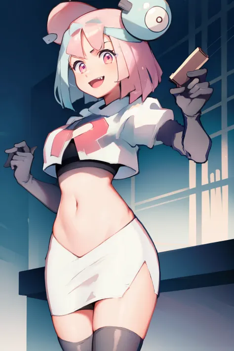 iono,1 girl,pink eyes,solo,smile,open mouth,fangs ,team rocket,team rocket uniform,white skirt,red letter R,crop top,black thigh-highs,black elbow gloves,