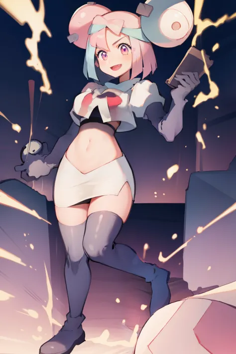 iono,1 girl,pink eyes,solo,smile,open mouth,fangs ,team rocket,team rocket uniform,white skirt,red letter R,crop top,black thigh-highs,black elbow gloves,