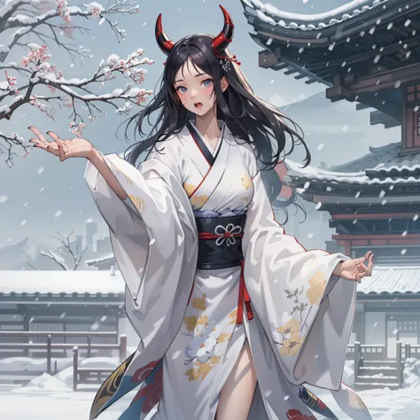 (masterpiece, best quality:1.2), (1girl, solo), 18years old, full body, white kimono, black long hair, pearl white demon horns, surprised expression, spread both arms, slipping down, (snowfield, falling snow), wide shot, Oriental old style temple back grou...