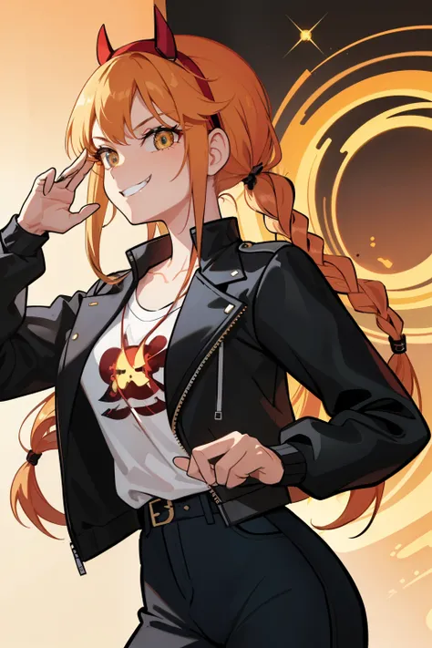 (best quallity, ultrahigh resolution, splendid), 1 adult woman, red hair tied in 1 braid, side bangs, black pants, simple shirt, beautiful and detailed, glowin golden eyes, black biker jacket, evil grin expresion, fire background.