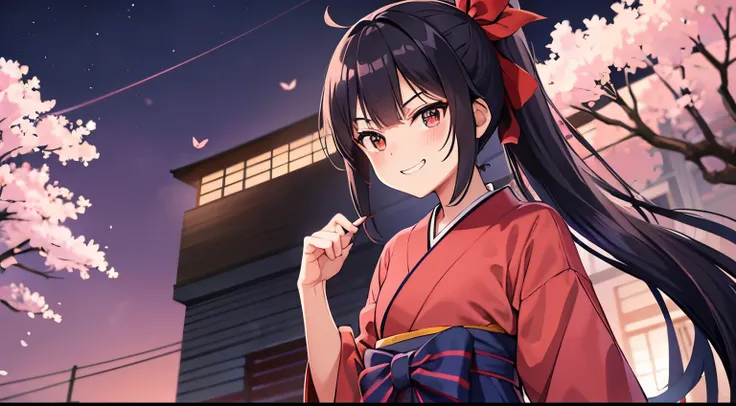 long ponytail,navy blue hair,hakama,pink dress,edge,red ribbon,evil smail.evil grin,cherry blossom pattern,brown eyes,night,tall,blue obi