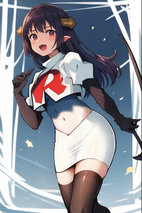 absurdres,masterpiece, best quality, highres, high quality, 1girl, dragon tail, dragon wings, dragon horns,team rocket,team rocket uniform,white skirt,red letter R,crop top,black thigh-highs,black elbow gloves,