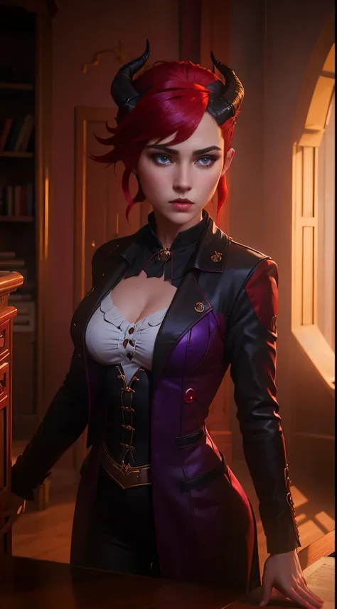 4k, 8k, masterpiece, best quality, upper body, 1girl, looking at viewer, red hair, medium hair, purple eyes, demon horns, black coat, indoors, dimly lit, the age of the actress is 23 years old, open bust