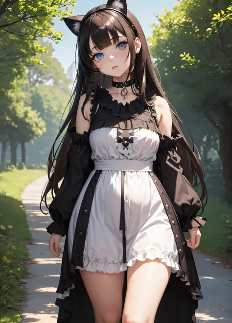 masterpiece, best quality, 1girl, solo, gothic black dress, moon choker, (walking in nature), looking at viewer, head tilt, bored, blue eyes, cat ears headset, ((long straight brown hair)), chubby, tall, (chubby body),