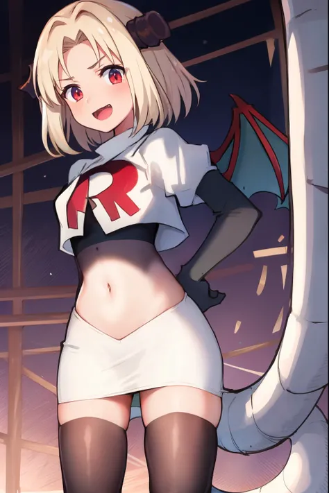 absurdres,masterpiece, best quality, highres, high quality, 1girl, dragon tail, dragon wings, dragon horns,team rocket,team rocket uniform,white skirt,red letter R,crop top,black thigh-highs,black elbow gloves,