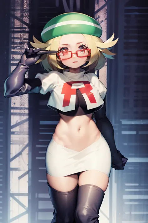 masterpiece, best quality,thighhighlonde hair:1.3),(bianca:1.5),red glasses, breasts,short hair,team rocket,team rocket uniform,white skirt,red letter R,crop top,black thigh-highs,black elbow gloves,