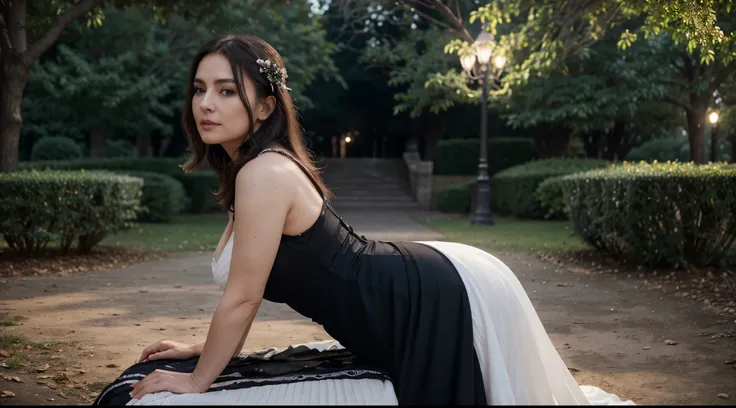 70 years old woman, with beautiful white color hairs, wearing black evening dress, in a park, reveals a mild sagging breast, utlra realistic, realism, exta realistic, ,soft lighting, extreme detail, hdr