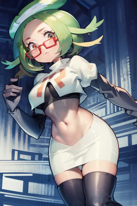 masterpiece, best quality,thighhighlonde hair:1.3),(bianca:1.5),red glasses, breasts,short hair,team rocket,team rocket uniform,white skirt,red letter R,crop top,black thigh-highs,black elbow gloves,