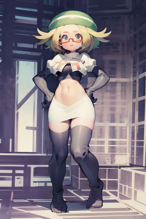 masterpiece, best quality,thighhighlonde hair:1.3),(bianca:1.5),red glasses, breasts,short hair,team rocket,team rocket uniform,white skirt,red letter R,crop top,black thigh-highs,black elbow gloves,