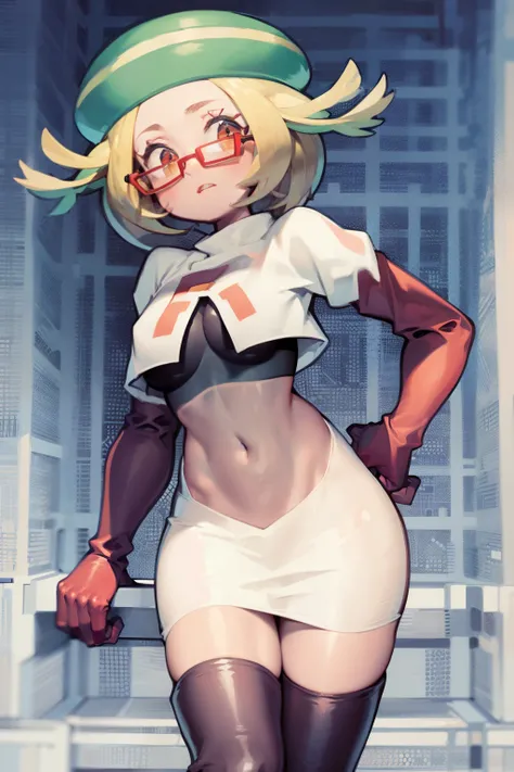 masterpiece, best quality,thighhighlonde hair:1.3),(bianca:1.5),red glasses, breasts,short hair,team rocket,team rocket uniform,white skirt,red letter R,crop top,black thigh-highs,black elbow gloves,