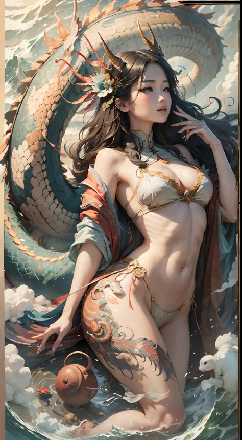 Female snail make-up day，She took to the skies，The sea water hadnt reached her ankles yet，（Side view），A Chinese dragon hovers in the air，（（Chinese mythology）），high qulity，super-fine，Detailed pubic hair，Accurate，（tmasterpiece），Works of masters，（16K resoluti...