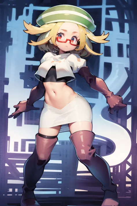 masterpiece, best quality,thighhighlonde hair:1.3),(bianca:1.5),red glasses, breasts,short hair,team rocket,team rocket uniform,white skirt,red letter R,crop top,black thigh-highs,black elbow gloves,