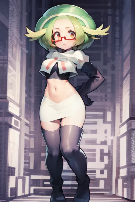 masterpiece, best quality,thighhighlonde hair:1.3),(bianca:1.5),red glasses, breasts,short hair,team rocket,team rocket uniform,...