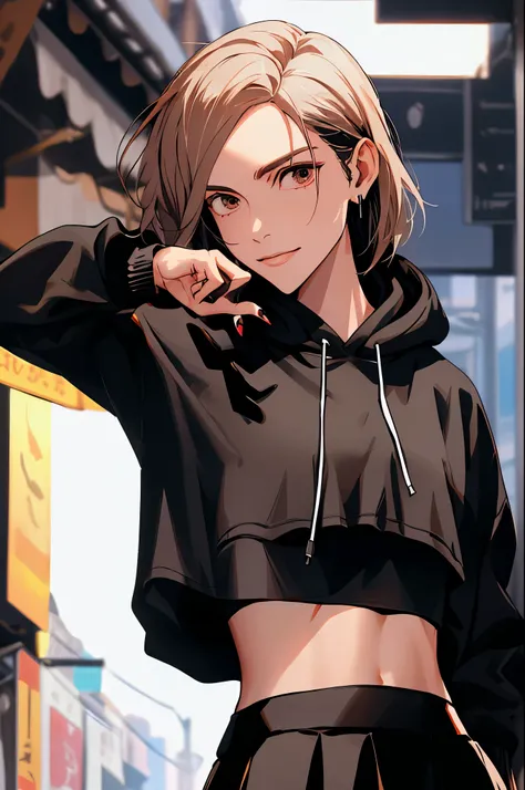 1girl, beautiful NobaraJK, long_sleeves, hood, hood_down, hoodie, skirt, smile, cropped_hoodie, navel, crop_top, nail_polish, stomach, black_hoodie, black_skirt, midriff, pleated_skirt, volumetric lighting, best quality, masterpiece, intricate details, ton...