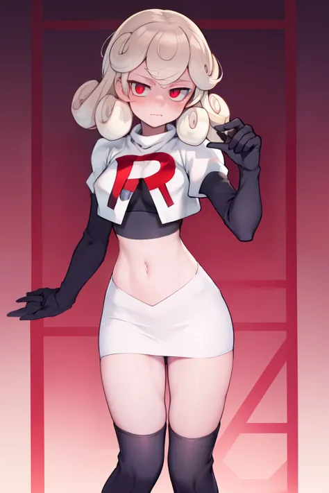 masterpiece, best quality, red eyes, white curly kair, team rocket,team rocket uniform,white skirt,red letter R,crop top,black thigh-highs,black elbow gloves,