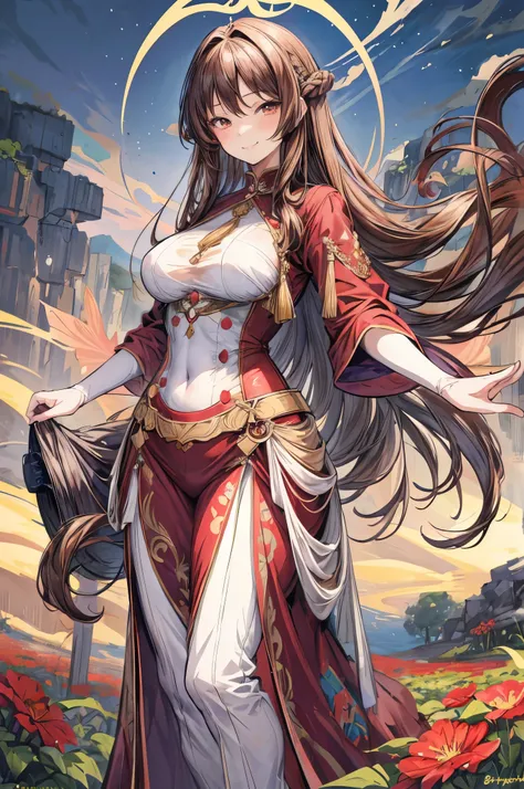 (flat color:1.1),(masterpiece:1.2), best quality, masterpiece, original,brown curled hair, (mature anime woman looking at the camera with a shy smile:1.2), wearing a sexy western bridal outfit, field bg