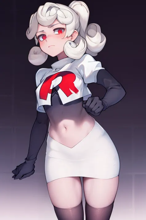 masterpiece, best quality, red eyes, white curly kair, team rocket,team rocket uniform,white skirt,red letter R,crop top,black thigh-highs,black elbow gloves,