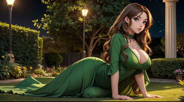 Only a girl with long curly light brown hair. Large, almond-shaped eyes, intense green. Slim and elegant figure. She was wearing a green elegant long dress, Big boobs, big ass, nsfw. Image full body. Background garden in the night