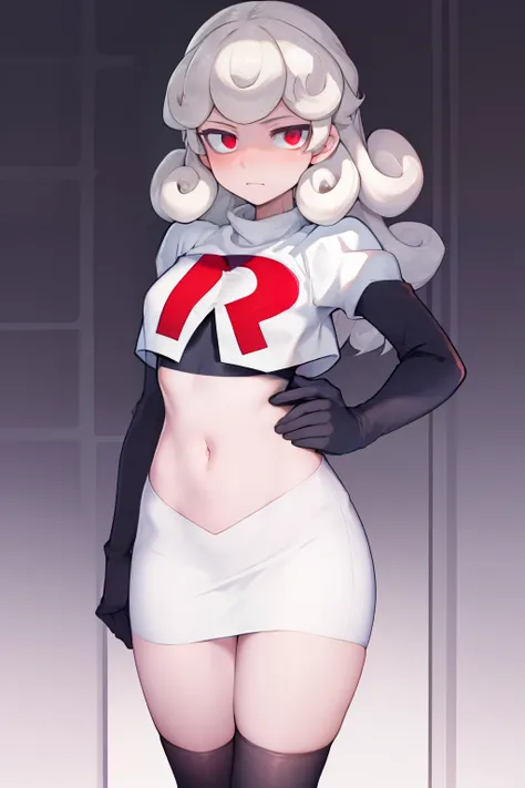 masterpiece, best quality, red eyes, white curly kair, team rocket,team rocket uniform,white skirt,red letter r,crop top,black t...