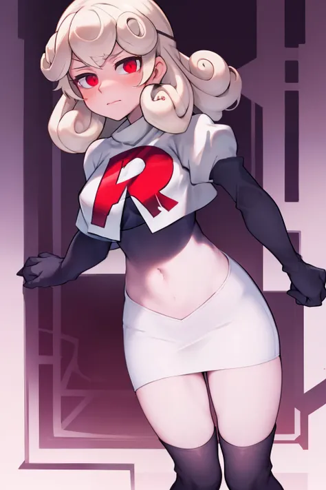 masterpiece, best quality, red eyes, white curly kair, team rocket,team rocket uniform,white skirt,red letter R,crop top,black thigh-highs,black elbow gloves,