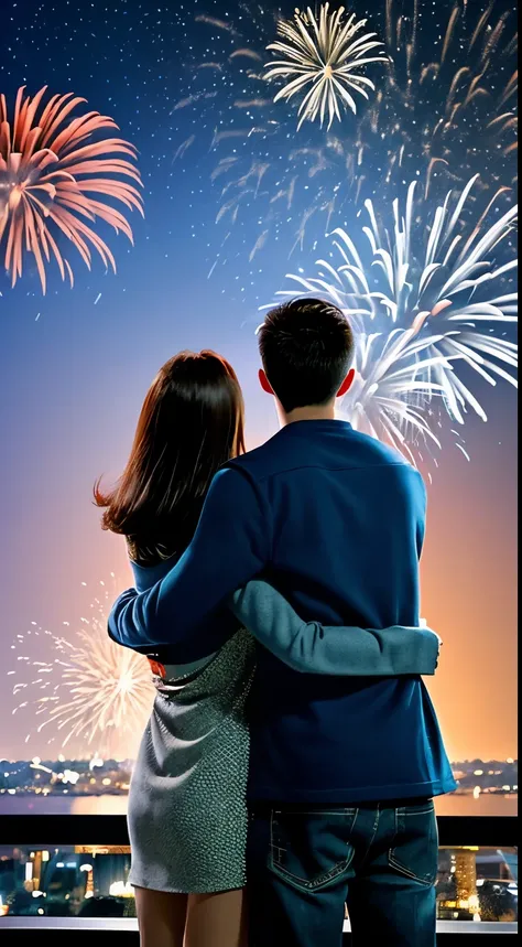 A couple and their son are looking up at the sky watching fireworks to welcome the new year. 8k quality. night sky. Romantic, cozy. Wide sky (view from behind), romantic city view