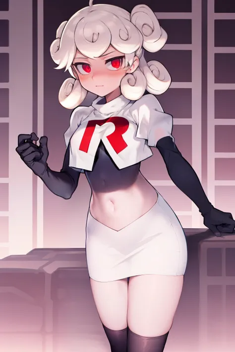 masterpiece, best quality, red eyes, white curly kair, team rocket,team rocket uniform,white skirt,red letter R,crop top,black thigh-highs,black elbow gloves,