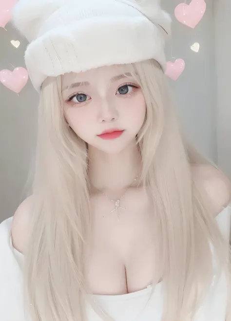 blond haired, girl with white fur hat, cute, icey, very aesthetic, aesthetic, cute with flutter, 8k, ultra detail, 70 mm lens, Blond-haired girl with blue eyes, Ulzzang, muito bonita gatinha fofa, longos cabelos loiros e olhos grandes, Lalisa Manobal, pale...