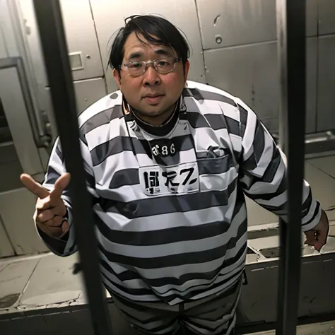 fat man,plastic unit、、nerdy、inside a prison、face-to-face、orange prisoner outfit - clothing