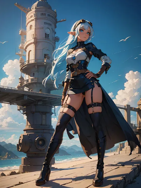 masterpiece, high quality, illustration, extremely detailed, cg unity 8k, airship, wind effects, 1_woman, full body, standing on the wooden ship deck, clouds, lake, (exotic skin_complexion:1.4),mature, statuesque, tall, beautiful, exotic, with long elf ear...