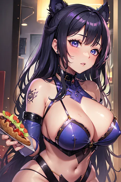 Generate stunning fantasy illustrations，Show sophistication、realisticlying、Devil girl has charming eyes, a stunningly beautiful face, 复杂的皮肤和Huge big breasts, (Huge big breasts). Dress her up in charming fantasy armor，enhance her attractiveness.