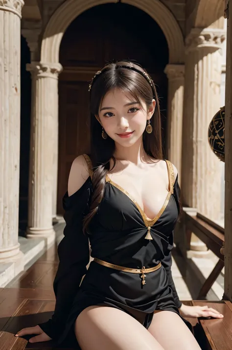 female mathematician,Ancient Greek costumes,Astronomical machinery,antique,A smile,,Sweet and seductive appearance.、Caravaggios paintings、Chiaroscuro of Caravaggio,,Cute smile, Expression of ecstasy,erotick,A sexy