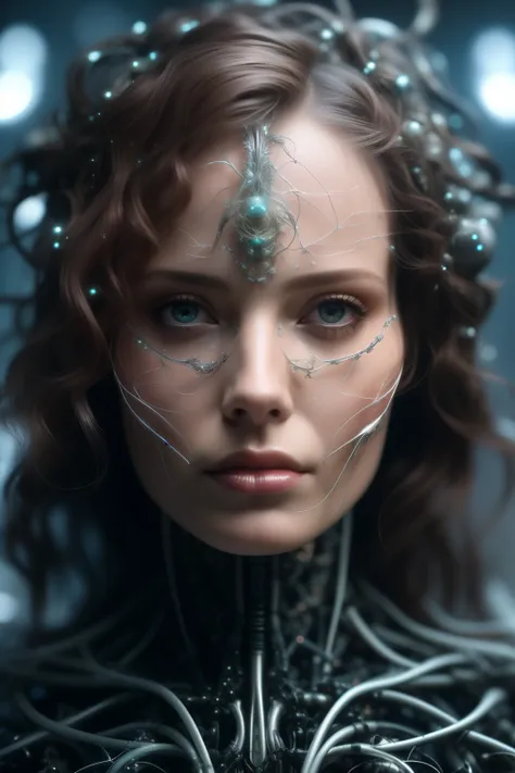 mj, cinematic close up photo of an ethereal neural network organism, divine woman, anatomical face, biomechanical details