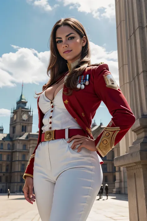 ((masterpiece)), ((best quality)), (digital painting), ((photorealistic)), wide angle shooting, beautiful, sexy woman, brown eyes, long hair, eyebrows, facial details, wearing a royal uniform, (( red_jacket, epaulettes)), cleavage, British army officer, ti...