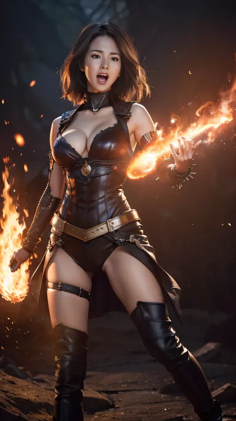 (the Extremely Detailed CG Unity 8K Wallpapers,masutepiece, Best Quality, Ultra-detailed, look at a camera), A woman fused with Ifrit, Special Move, Brave woman, shout out:1.5, Open mouth, summoner