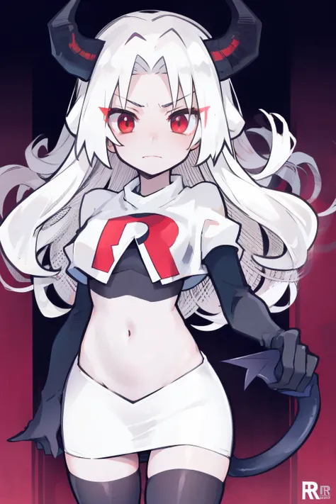 masterpiece, best quality, red eyes, white hair,demon horns, demon tail,team rocket,team rocket uniform,white skirt,red letter R,crop top,black thigh-highs,black elbow gloves, comic strip