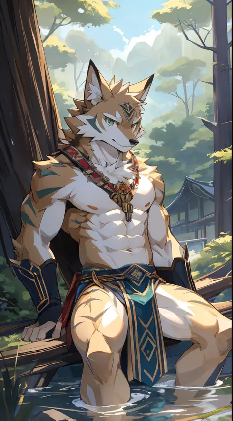 Seto (Tokyo After-School Summoners), Seto(Wandering Longing), Seth (it), Seto, Kazuma Koda, coyote, Green Eye, Grey Body, white body, Brown Body, stripes, stripes 몸체, wear a loincloth, youthful, High Quality, 8K, High image quality, NSFW, pixiv, shadowy, A...