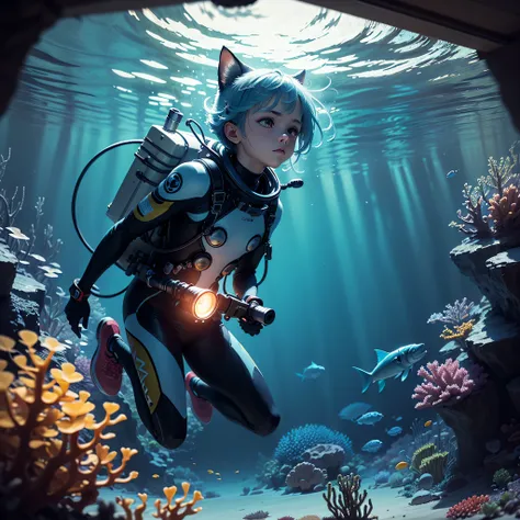 (masterpiece, best quality, beautiful anime art:1.4) submarine, underwater_view, 1boy, blue hair, blue cat ears, full_body_shot, determined_expression, holding_steering_wheel, submarine_window_view, dimly_lit, blue_theme, monochrome, underwater_caves, sunk...