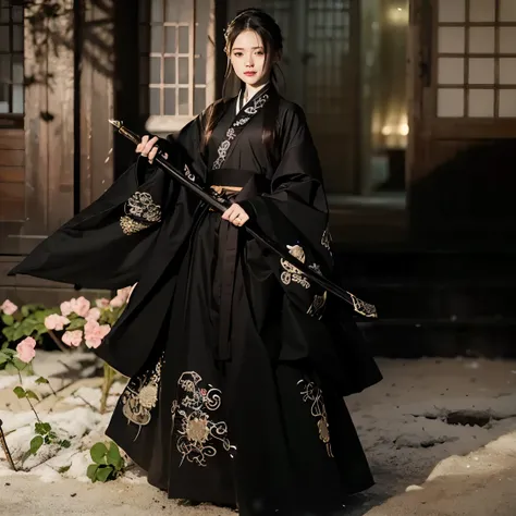 Black hair, long hair, high ponytail, black eyes, handsome, upper body vertical painting, illustration, Hanfu, ancient Chinese style, snowy night, precious jewelry, ancient long sword, the best quality, original, very detailed, masterpiece, very detailed, ...