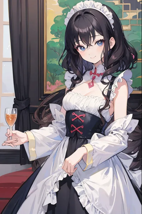 (flat color:1.1),(masterpiece:1.2), best quality, masterpiece, original,curly hair and sparkling eyes, (mature anime woman looking at the camera with a shy smile:1.2), wearing a maid outfit