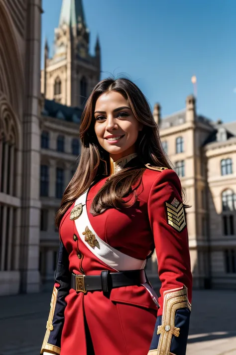 ((masterpiece)), ((best quality)), digital painting, ((photorealistic)), beautiful, sexy woman, brown eyes, long hair, eyebrows, facial details, wearing army uniform, sexy, outside the building, big breasts , sweet smile , facial details, perfect body anat...