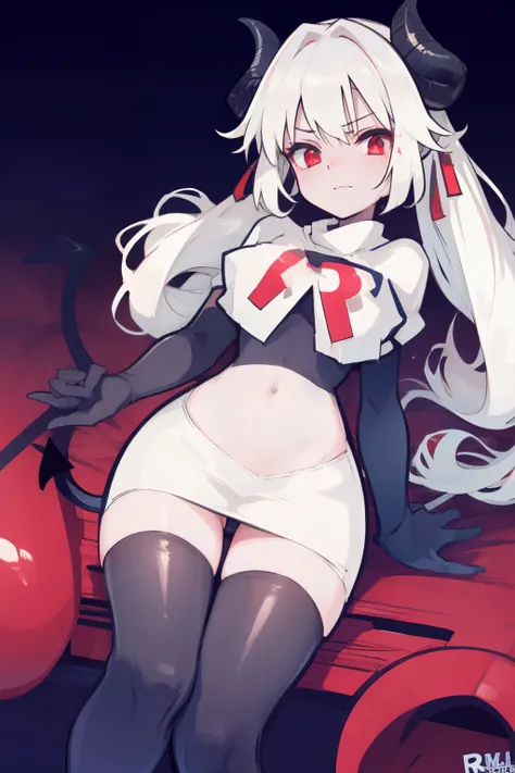 masterpiece, best quality, red eyes, white hair, twintails,black hair ribbons,demon horns, demon tail,team rocket,team rocket uniform,white skirt,red letter R,crop top,black thigh-highs,black elbow gloves, comic strip