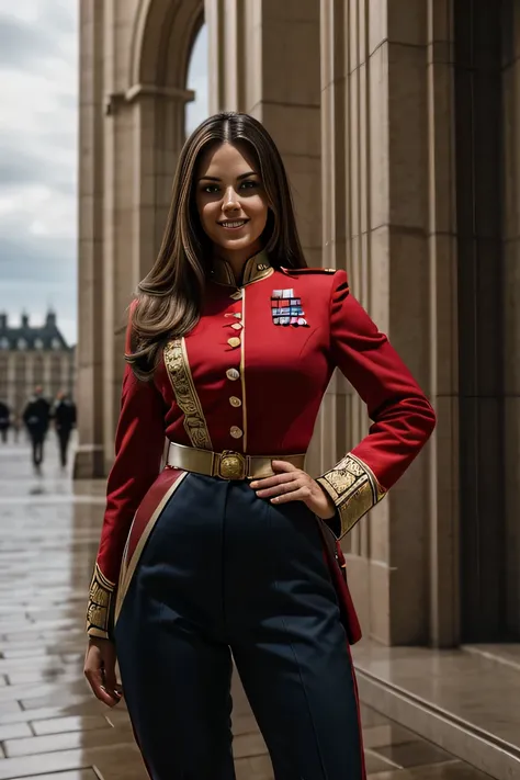 ((masterpiece)), ((best quality)), digital painting, ((photorealistic)), beautiful, sexy woman, brown eyes, long hair, eyebrows, facial details, wearing army uniform, sexy, outside the building, big breasts , sweet smile , facial details, perfect body anat...
