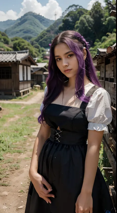 Menina bonita, menina jovem, 23 anos, Cabelo absurdamente longos, cabelo pintado todo de roxo, com um vestido longo de cor preto, roupa de casamento preto, mulher japonesa, background of a rural area, apaixonada, realista.