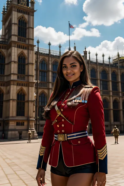 ((masterpiece)), ((best quality)), digital painting, ((photorealistic)), wide angle shooting, beautiful, sexy woman, brown eyes, long hair, eyebrows, facial details, wearing army uniform, sexy, in outside the building, sweet smile, facial details, perfect ...