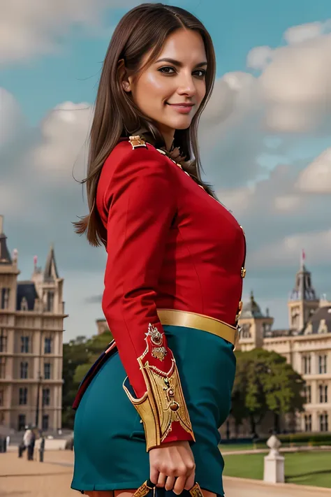 ((masterpiece)), ((best quality)), digital painting, ((photorealistic)), wide angle shooting, beautiful, sexy woman, brown eyes, long hair, eyebrows, facial details, wearing a royal uniform, British royal guard uniform , sexy , outdoors, sweet smile, facia...