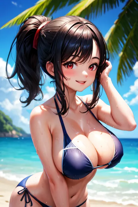 ((best quality)), ((masterpiece)), (detailed), perfect face, beautiful body, big breasts, red eyes, smile, ponytail, black hair, tying hair, swimsuit, wet body, beach. 😊