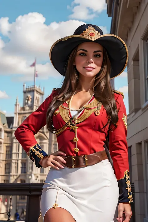 ((masterpiece)), ((best quality)), digital painting, ((photorealistic)), wide angle shooting, beautiful, sexy woman, brown eyes, long hair, eyebrows, facial details, wearing royal clothing, British royal guard, sexy, outdoors, sweet smile, facial details, ...