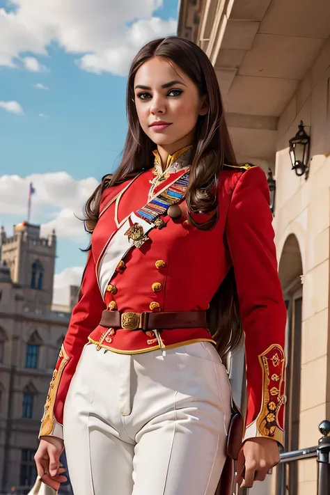 ((masterpiece)), ((best quality)), digital painting, ((photorealistic)), wide angle shooting, beautiful, sexy woman, brown eyes, long hair, eyebrows, facial details, wearing a royal uniform, (red jacket, epaulettes), (tight white trousers), British royal g...