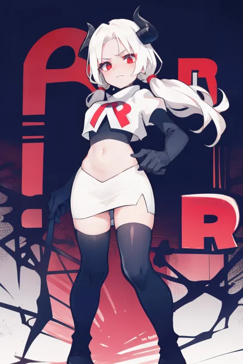 masterpiece, best quality, red eyes, white hair, twintails,black hair ribbons,demon horns, demon tail,team rocket,team rocket uniform,white skirt,red letter R,crop top,black thigh-highs,black elbow gloves, comic strip