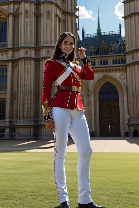 ((masterpiece)), ((best quality)), digital painting, ((photorealistic)), wide angle shooting, beautiful, sexy woman, brown eyes, long hair, eyebrows, facial details, wearing a royal uniform, ((red jacket , epaulets)),cleavage, (tight white trousers), Briti...